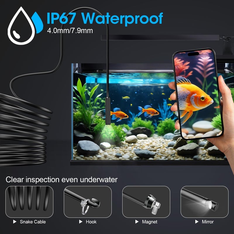 PAPIBLU Endoscope with Light, 1920P HD Borescope with 8 Adjustable LED Lights, 16.4FT Semi-Rigid Snake Camera, IP67 Waterproof Inspection Tool for iPhone & Android - Single Lens (Black) - Image 4